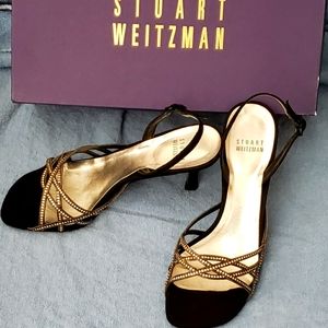 NWT Stuart Weitzman black silk heels with rhinestones  6 NIB
